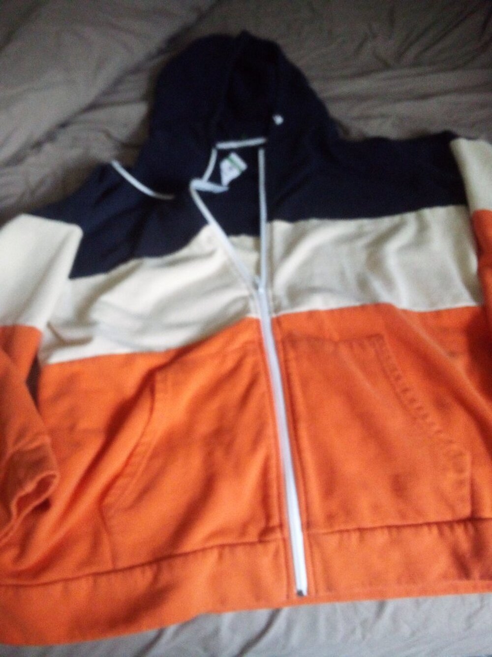 Navy Cream & Orange Cotton Hooded L/S Sweatshirt Zipper Drawstring Large lk new